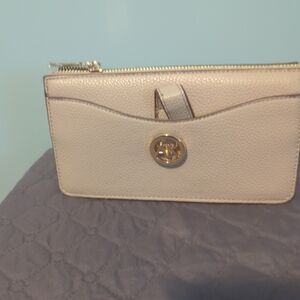 Anne Klein Pebbled Crossbody Wallet in Light Beige with Gold-Tone Logo
